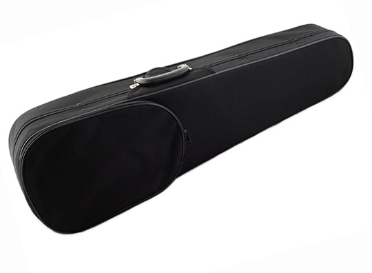 Compact violin hard carry case, including straps for hands-free transportation.