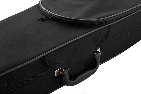 Compact violin hard carry case, including straps for hands-free transportation.