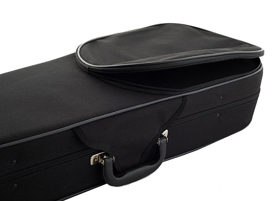 Compact violin hard carry case, including straps for hands-free transportation.