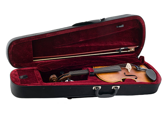 Compact violin hard carry case, including straps for hands-free transportation.