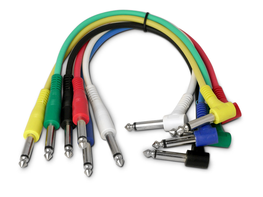 6 Snakebite Professional Patch Cables. Mono, straight to right angled, jack to jack connectors. Ideal for guitar effects pedals or studio patchbays