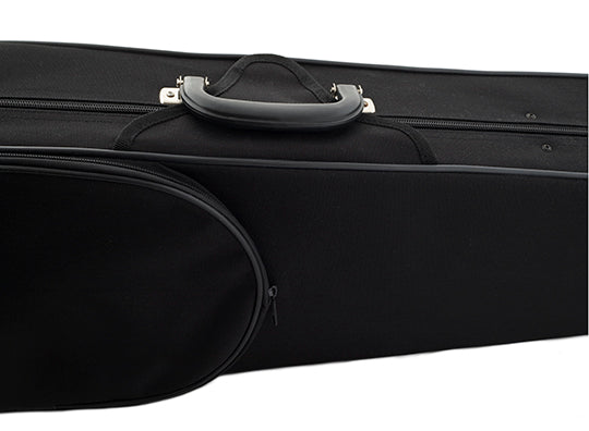 Compact violin hard carry case, including straps for hands-free transportation.