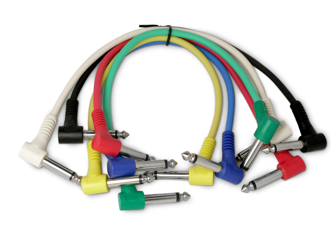 6 Snakebite Professional Patch Cables. Mono, right angled, jack to jack connectors. Ideal for linking guitar effects pedals or use on studio patchbays